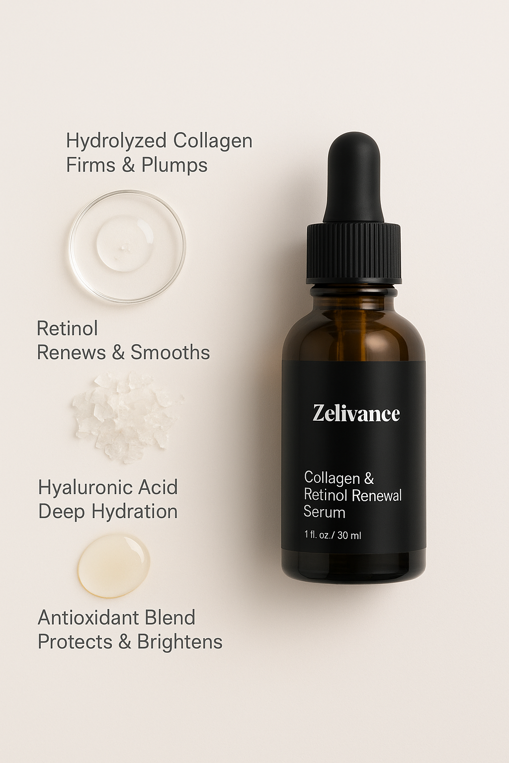 Ingredients: collagen, retinol & hyaluronic acid in the serum