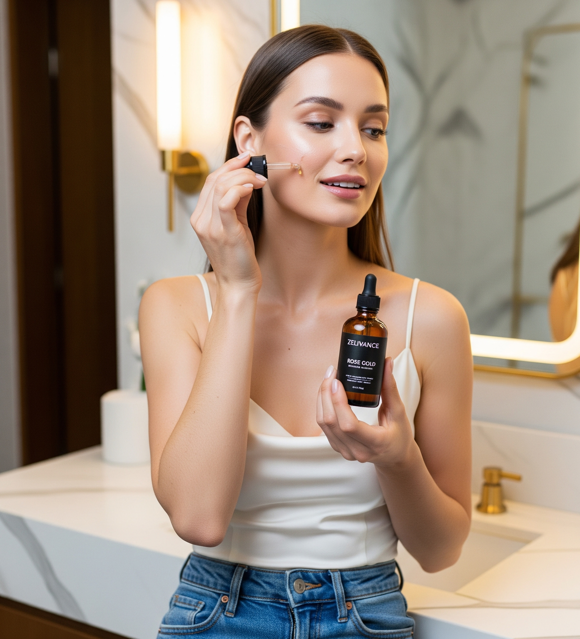 Woman applying Rose Gold Oil for youthful radiant glow