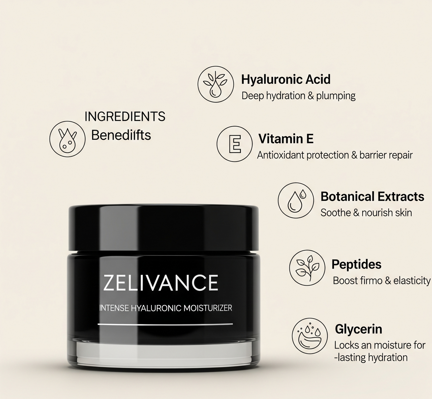 Ingredients of moisturizer: hyaluronic acid, vitamin E, and plant extracts