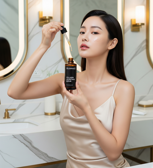 Woman applying Zelivance Collagen & Retinol Serum to face