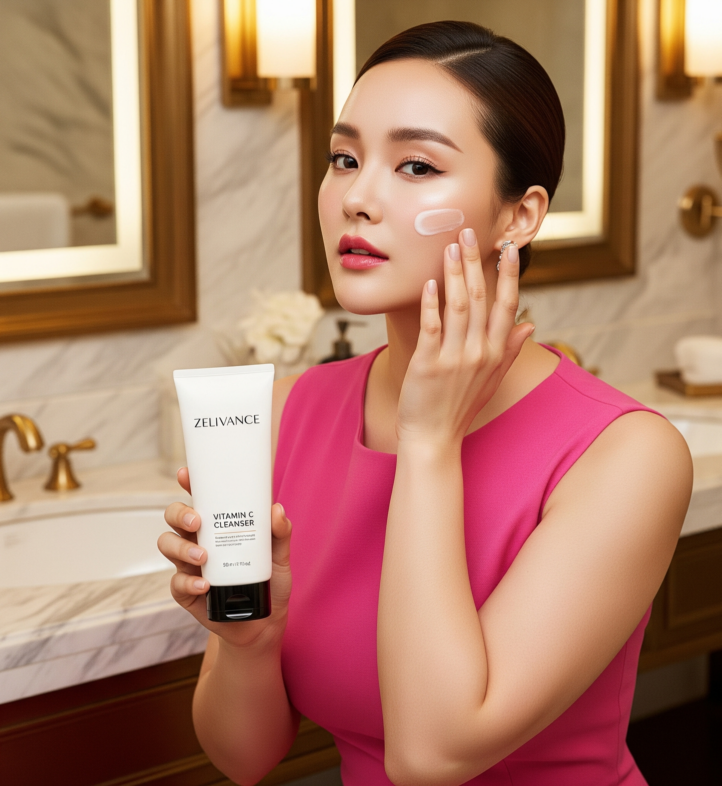 Woman washing face with Vitamin C Cleanser for radiant glow