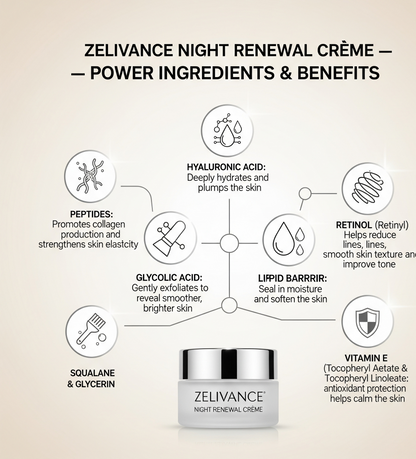 Ingredients of Night Renewal Crème: retinol, peptides, hyaluronic acid