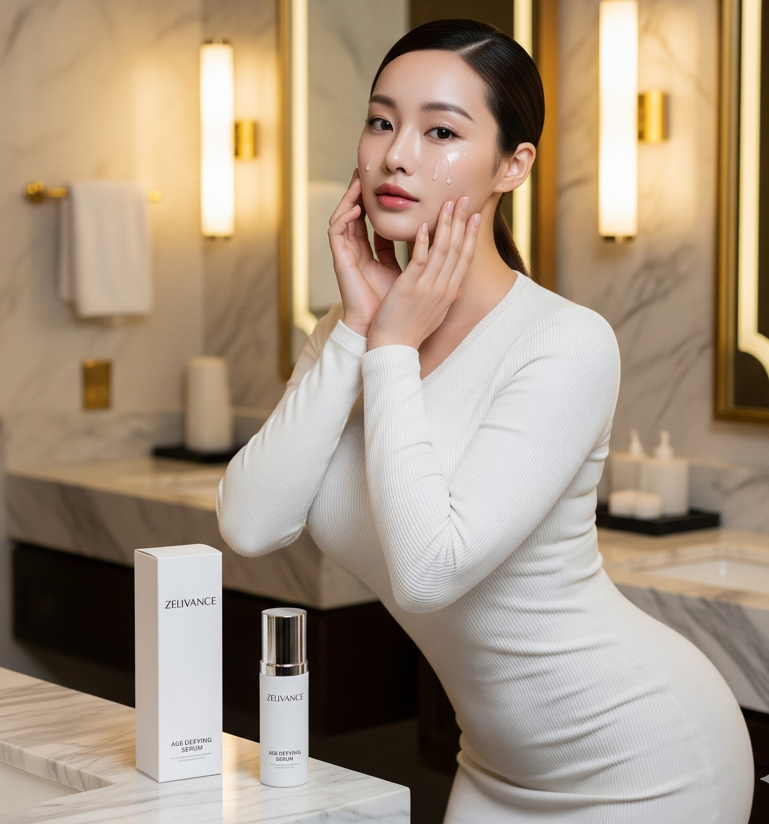 Woman applying Zelivance Age Defying Serum to face for collagen boost