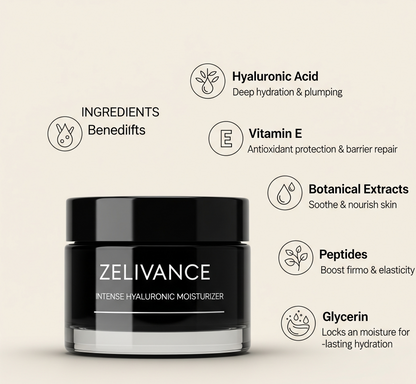 Ingredients of moisturizer: hyaluronic acid, vitamin E, and plant extracts