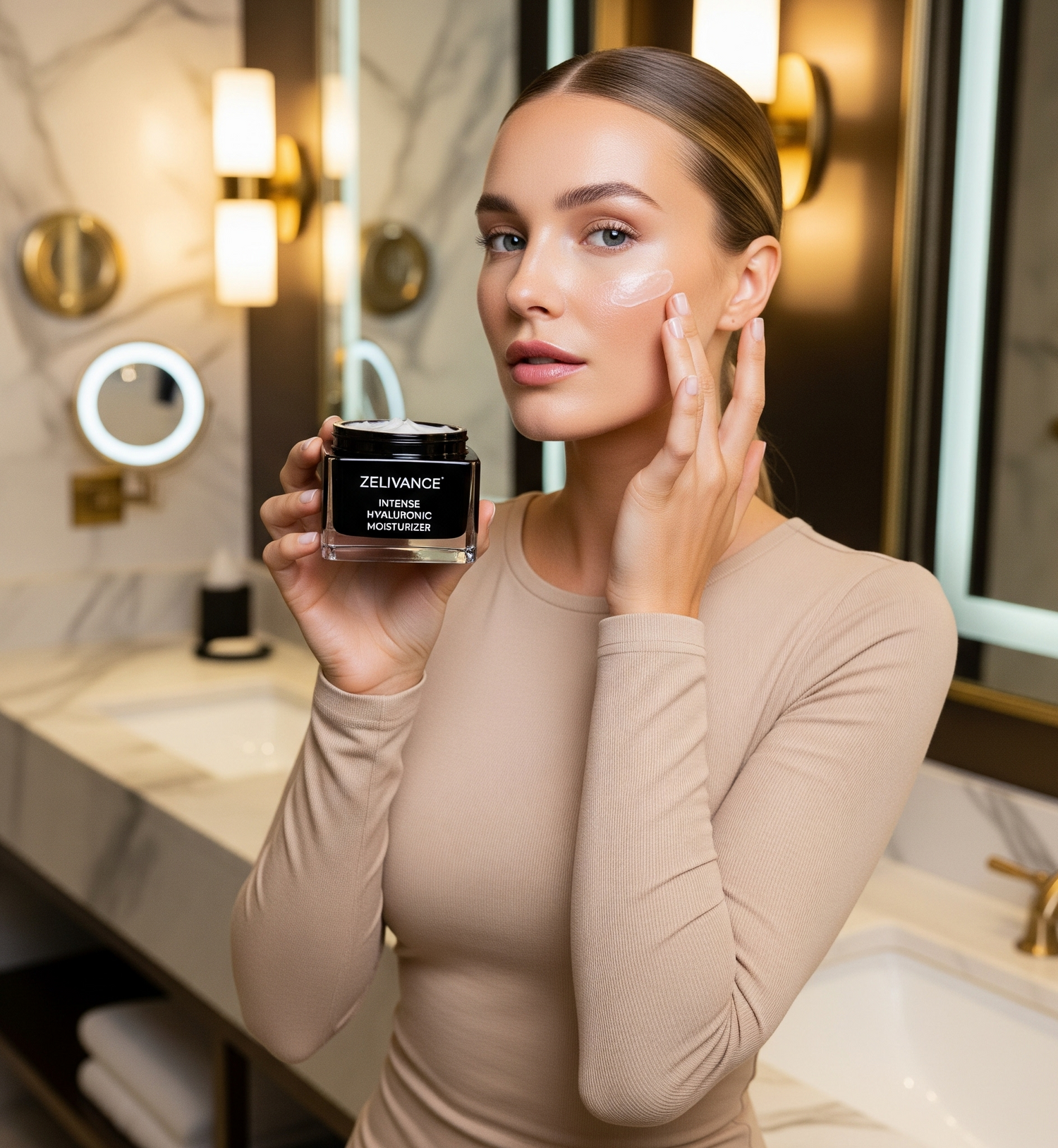 Woman applying hyaluronic moisturizer to face and neck
