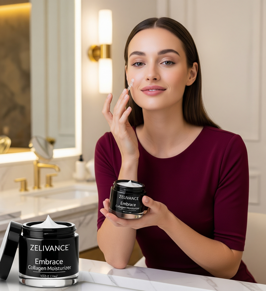 Woman applying Embrace Collagen Moisturizer to face for hydration