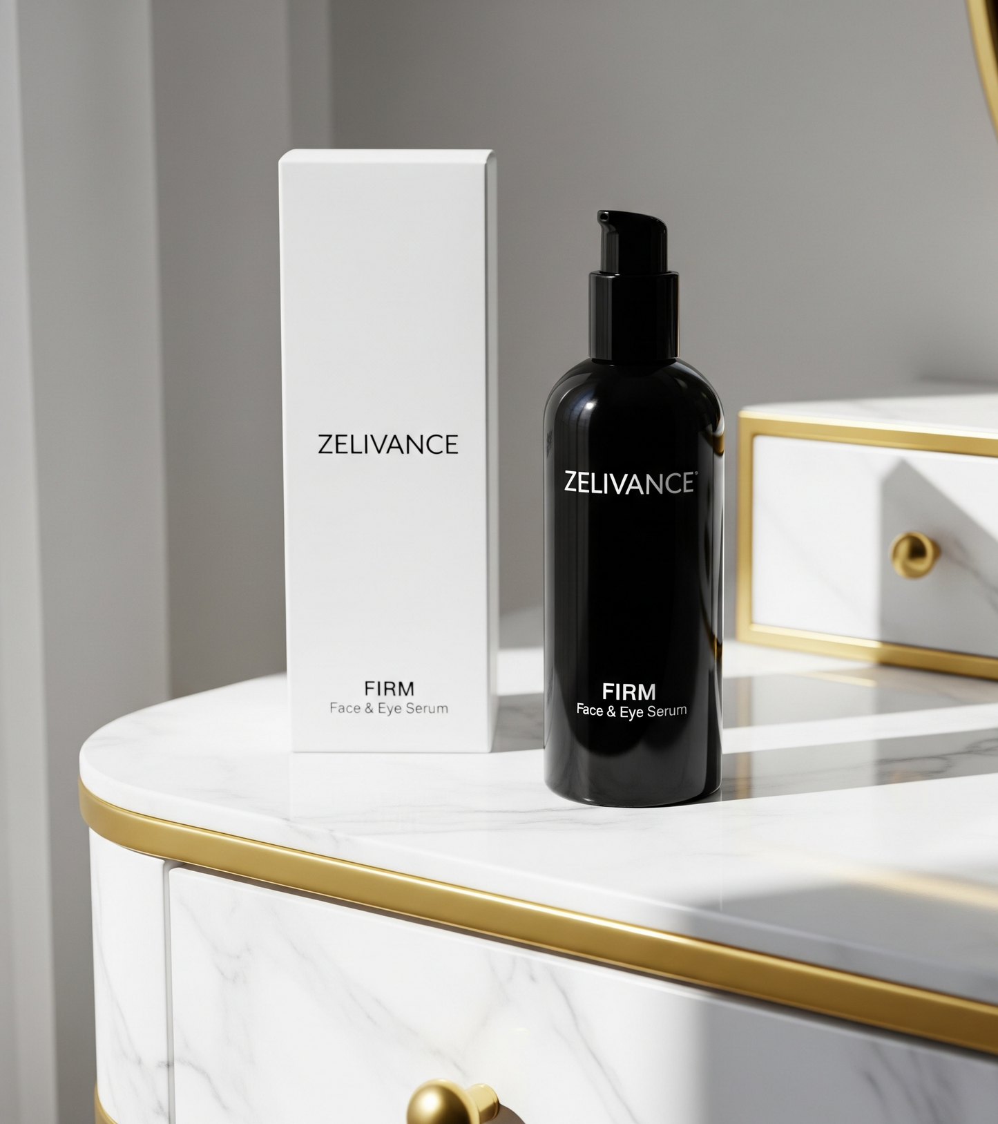 Packaging of Zelivance Firm Serum luxury bottle