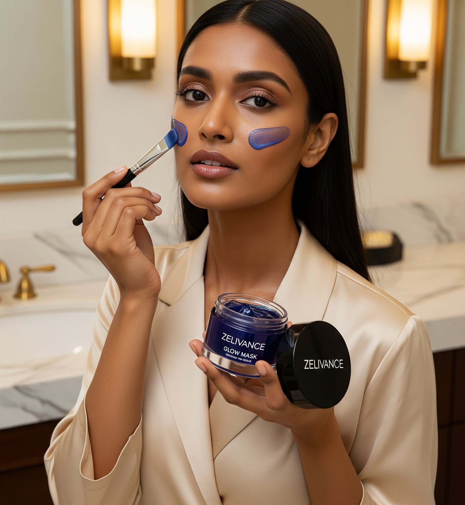 Woman applying Zelivance Glow Mask to face for radiant glow