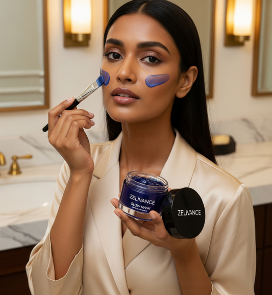Woman applying Zelivance Glow Mask to face for radiant glow